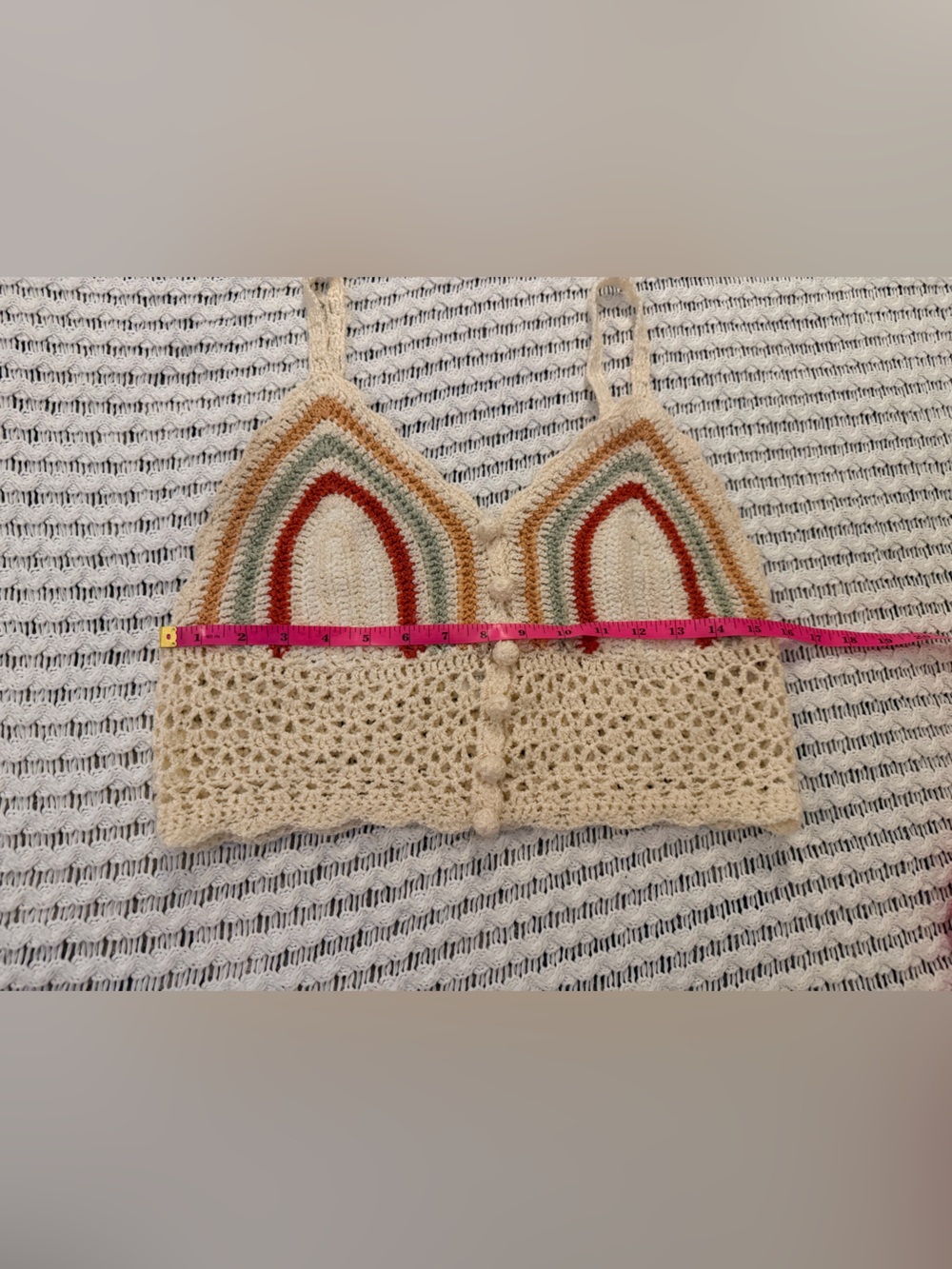 POL Crochet Boho Crop Top Bralette Cream Multicolor Striped Festival Tank Size M - Picture 8 of 10